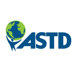 The logo for ASTD which is a blue person holding the whole earth.